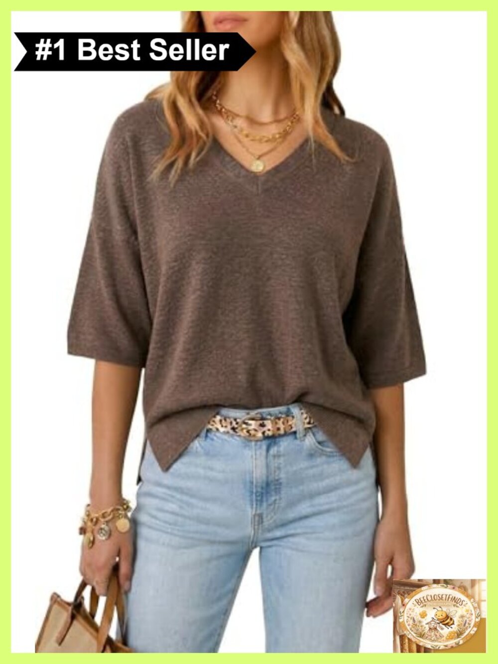 Wool Blend Oversized V-Neck Elbow Sleeve Sweater Pullover